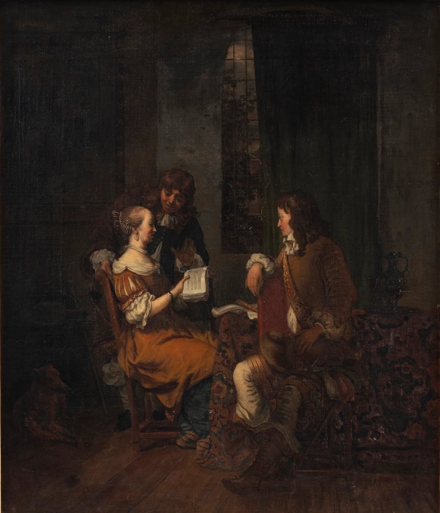A period painting of musicians playing together indoors.