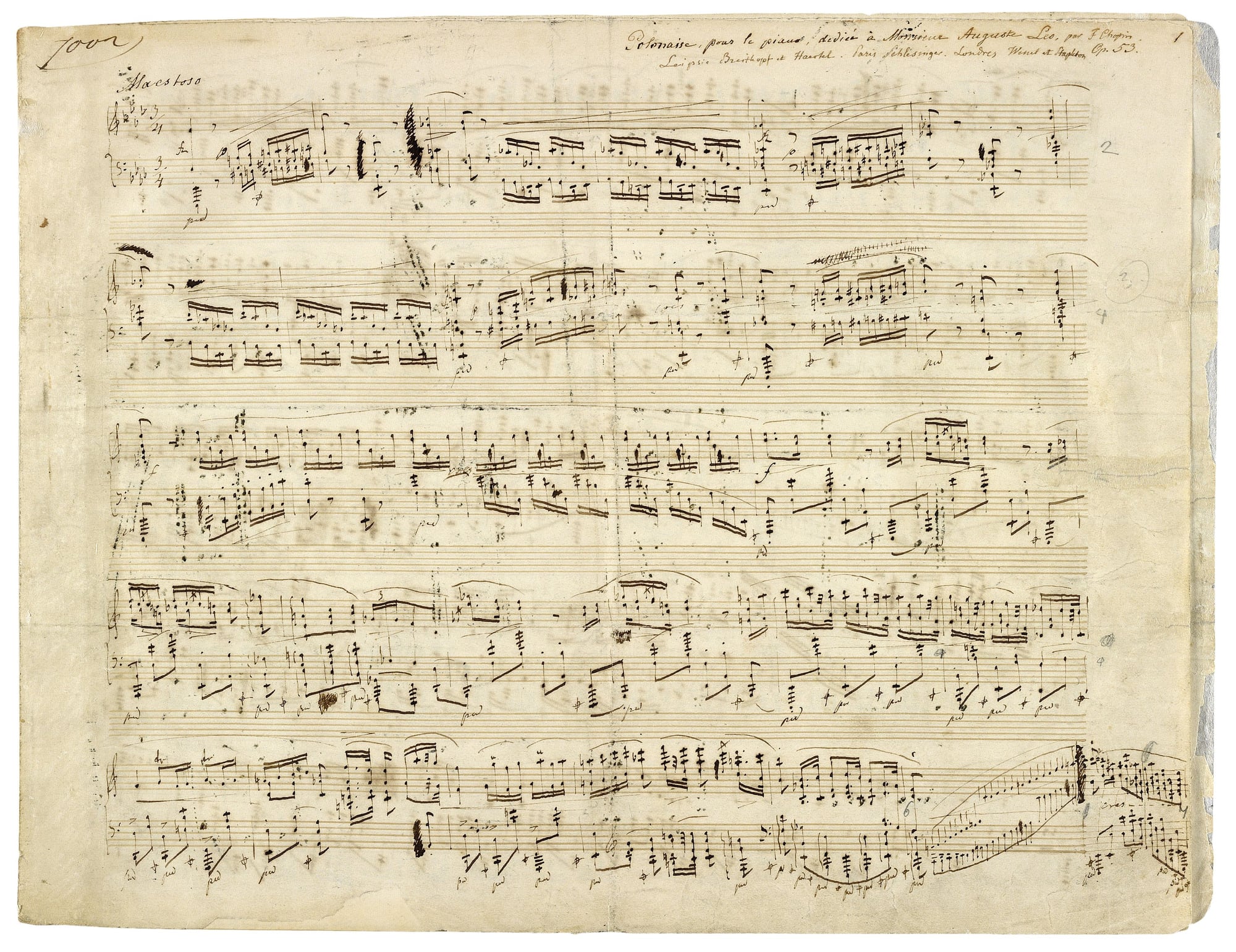 The first page of Chopin's handwritten manuscript of the Heroic Polonaise, ink on aged paper.